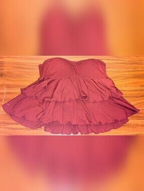 EUC Addition Elle 1X Strapless Bustier Multilayer Ruffled Swimsuit Top Wine Red